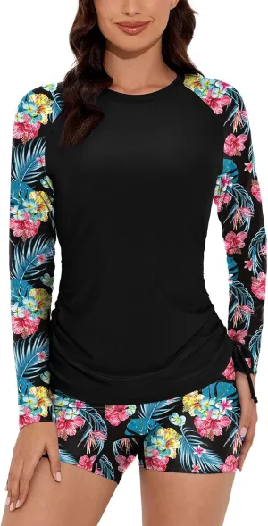Women Two Piece Rash Guard Swimsuits Long Sleeve Built in Bra Swim Shirt UPF 50  Bathing Suit with Boyshorts