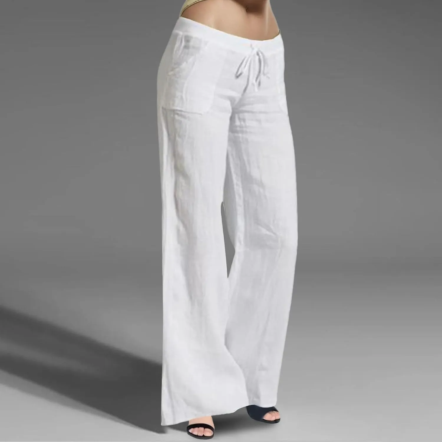 Women Wide Leg Linen Pants Casual Elastic High Waisted Palazzo Pant Long Pull On Trousers with Pocket
