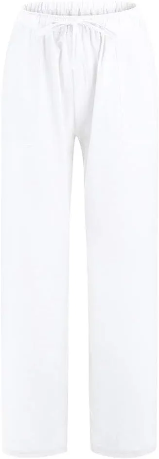 Women Wide Leg Linen Pants Casual Elastic High Waisted Palazzo Pant Long Pull On Trousers with Pocket