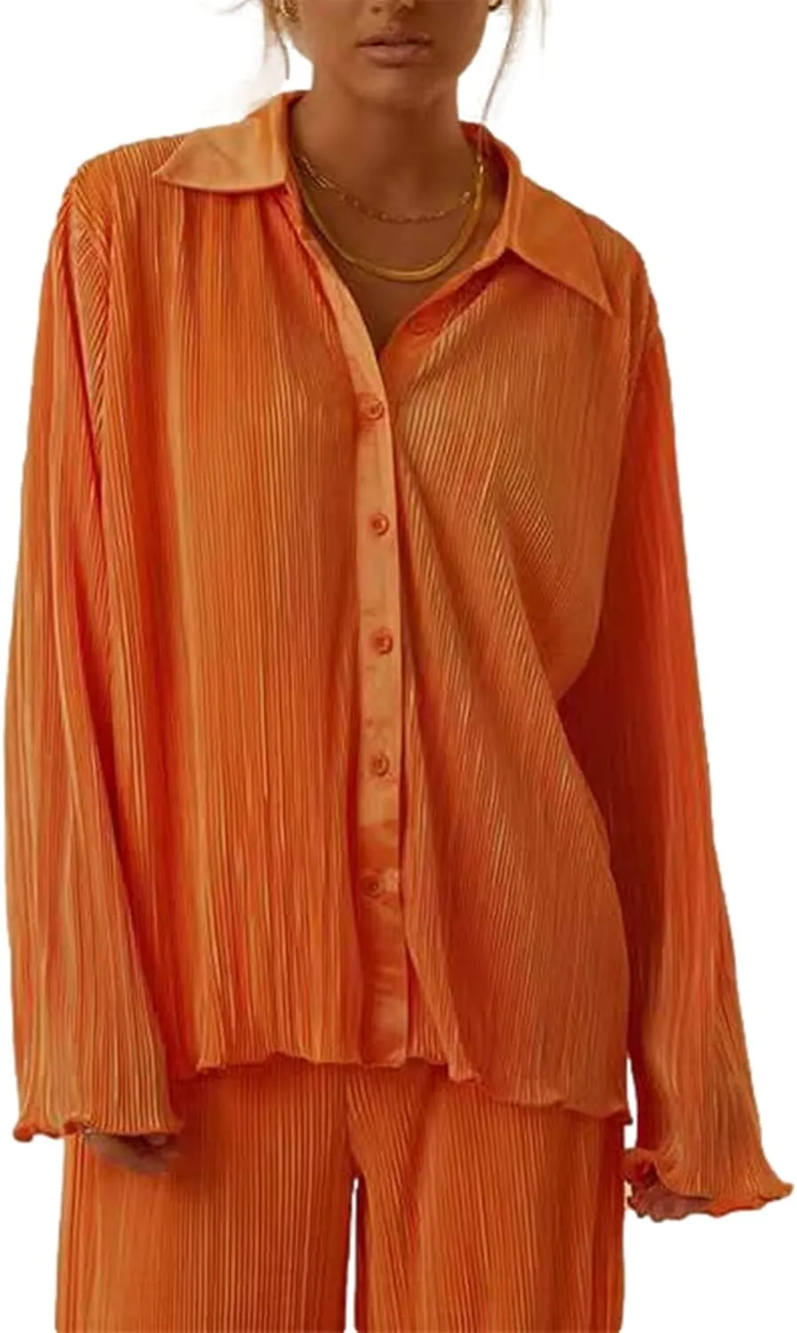 Women's 2 Piece Outfits Pleated Oversized Long Sleeve Button Down Shirts Elastic Waist Wide Leg Pant Clubwear Set