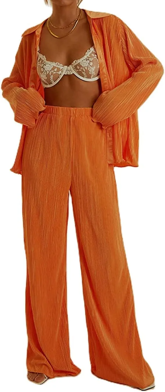 Women's 2 Piece Outfits Pleated Oversized Long Sleeve Button Down Shirts Elastic Waist Wide Leg Pant Clubwear Set