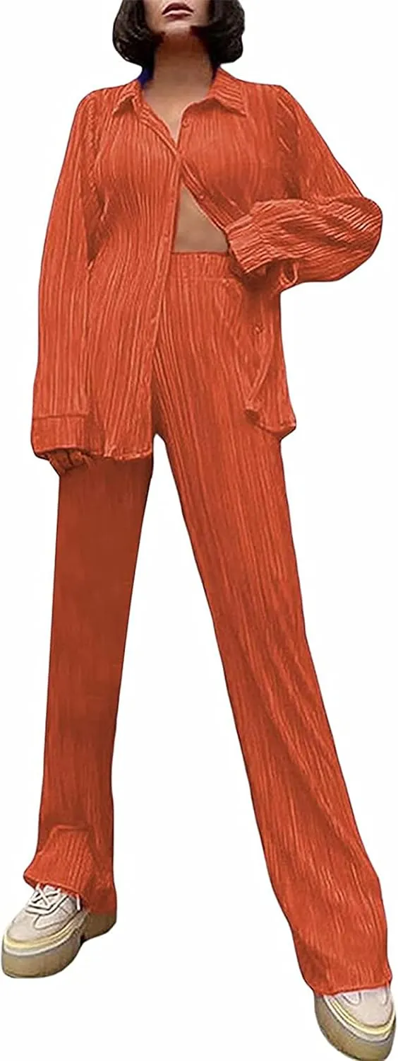 Women's 2 Piece Outfits Pleated Oversized Long Sleeve Button Down Shirts Elastic Waist Wide Leg Pant Clubwear Set