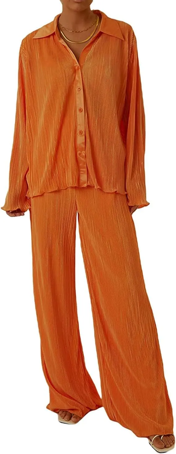 Women's 2 Piece Outfits Pleated Oversized Long Sleeve Button Down Shirts Elastic Waist Wide Leg Pant Clubwear Set