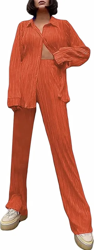 Women's 2 Piece Outfits Pleated Oversized Long Sleeve Button Down Shirts Elastic Waist Wide Leg Pant Clubwear Set