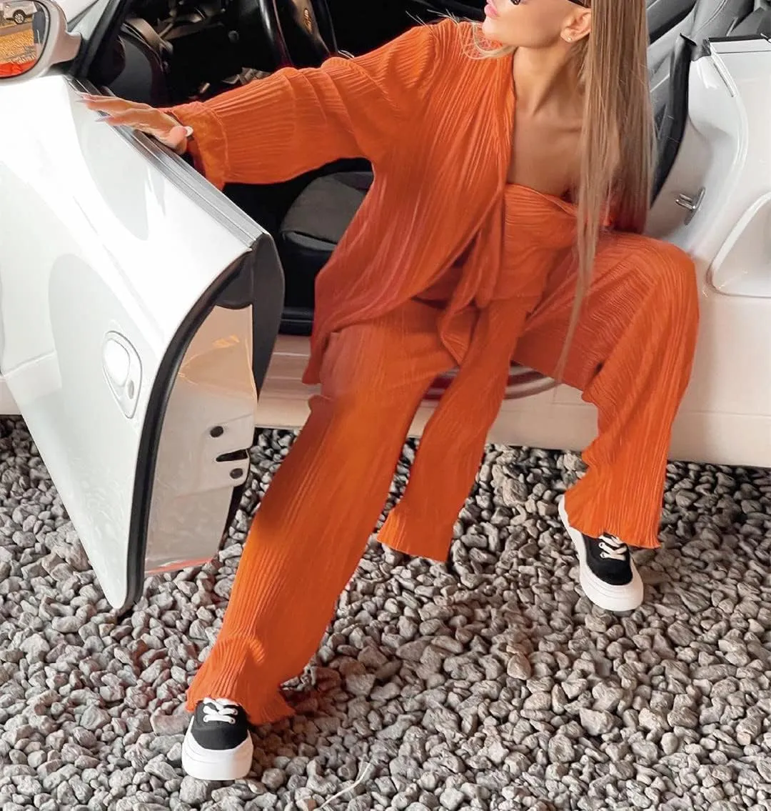 Women's 2 Piece Outfits Pleated Oversized Long Sleeve Button Down Shirts Elastic Waist Wide Leg Pant Clubwear Set