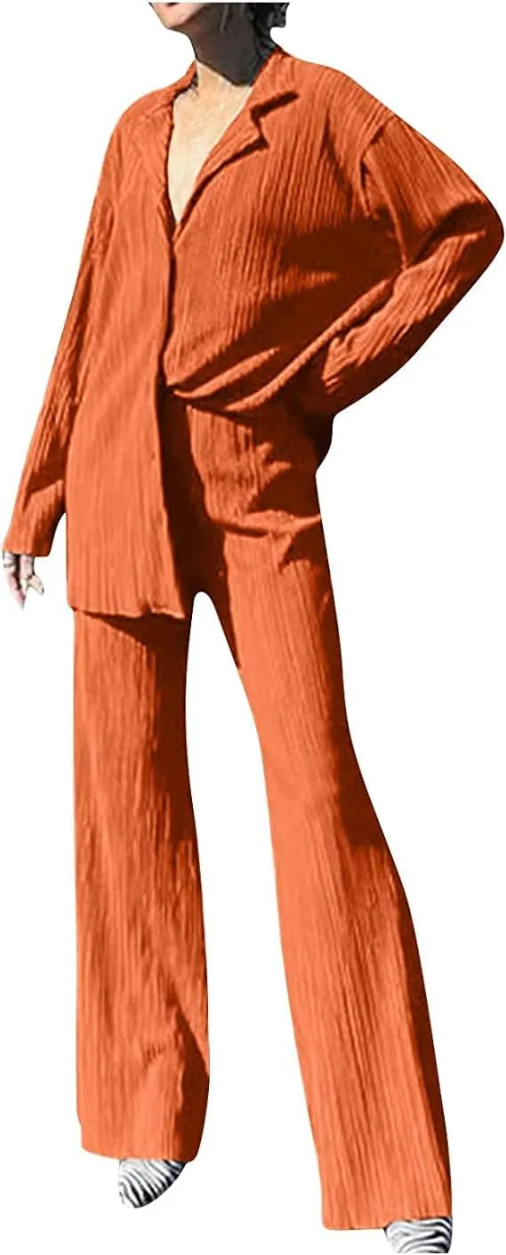 Women's 2 Piece Outfits Pleated Oversized Long Sleeve Button Down Shirts Elastic Waist Wide Leg Pant Clubwear Set
