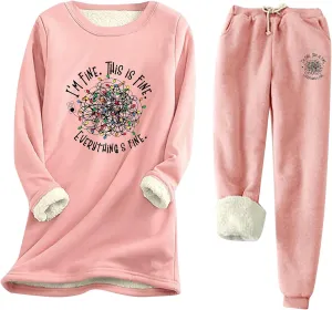 Women's 2 Piece Sweatsuit Loungewear Outfits Fleece Lined Sweatsuits Sets Pant Warm Crewneck Joggers Pjs Sleepwear