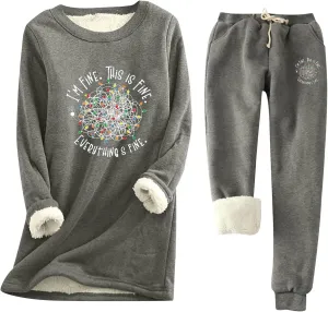 Women's 2 Piece Sweatsuit Loungewear Outfits Fleece Lined Sweatsuits Sets Pant Warm Crewneck Joggers Pjs Sleepwear