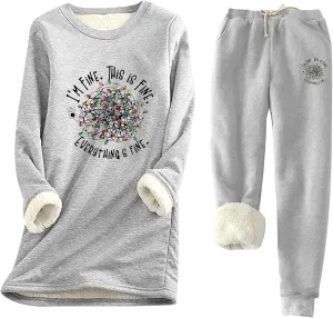 Women's 2 Piece Sweatsuit Loungewear Outfits Fleece Lined Sweatsuits Sets Pant Warm Crewneck Joggers Pjs Sleepwear