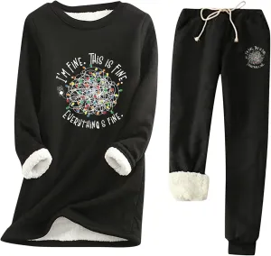 Women's 2 Piece Sweatsuit Loungewear Outfits Fleece Lined Sweatsuits Sets Pant Warm Crewneck Joggers Pjs Sleepwear