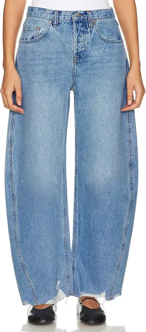 Women's Baggy Wide Leg Cropped Stretch Jeans High Waisted Boyfriend Barrel Jean, Loose Fit Ankle Ripped Whiskering Horseshoes Jeans Denim Pants for Women Blue S