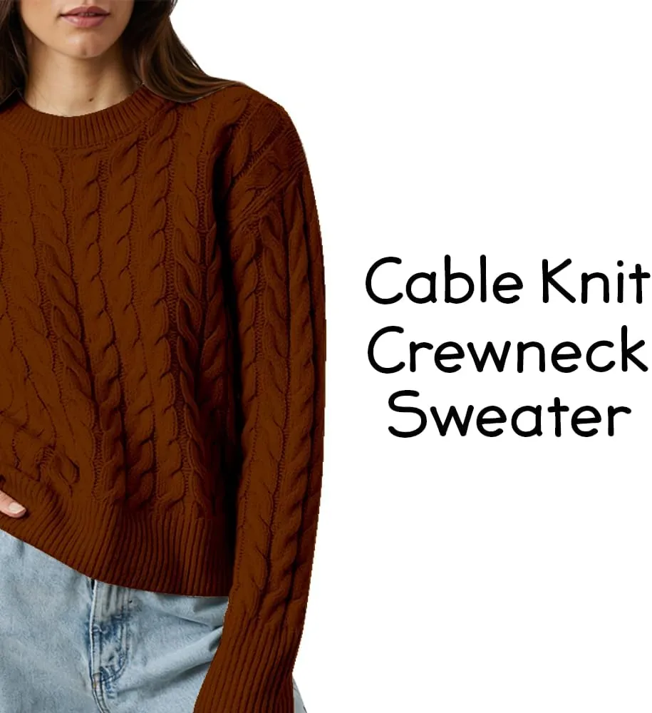 Women's Cable Long-Sleeve Crewneck Sweater Cable Knit Sweater for Women Soft-Touch Modern Crewneck, Pull On Sweaters