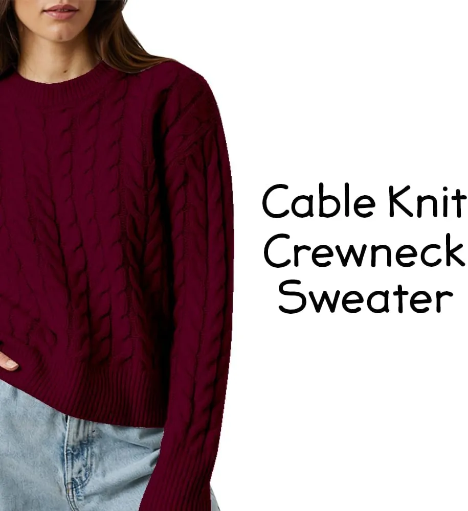 Women's Cable Long-Sleeve Crewneck Sweater Cable Knit Sweater for Women Soft-Touch Modern Crewneck, Pull On Sweaters