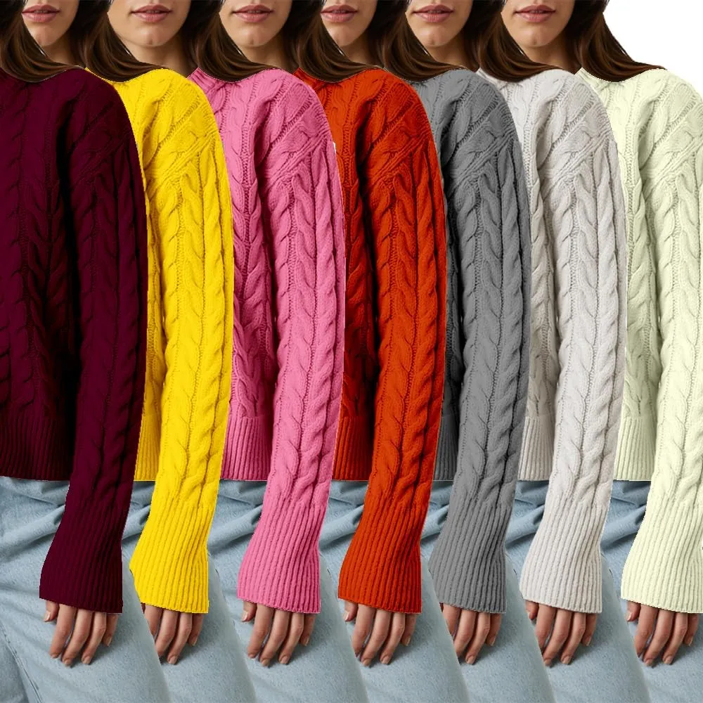 Women's Cable Long-Sleeve Crewneck Sweater Cable Knit Sweater for Women Soft-Touch Modern Crewneck, Pull On Sweaters