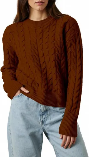 Women's Cable Long-Sleeve Crewneck Sweater Cable Knit Sweater for Women Soft-Touch Modern Crewneck, Pull On Sweaters