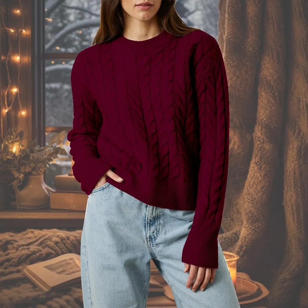 Women's Cable Long-Sleeve Crewneck Sweater Cable Knit Sweater for Women Soft-Touch Modern Crewneck, Pull On Sweaters