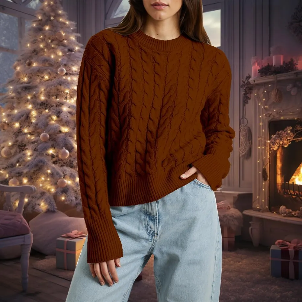 Women's Cable Long-Sleeve Crewneck Sweater Cable Knit Sweater for Women Soft-Touch Modern Crewneck, Pull On Sweaters