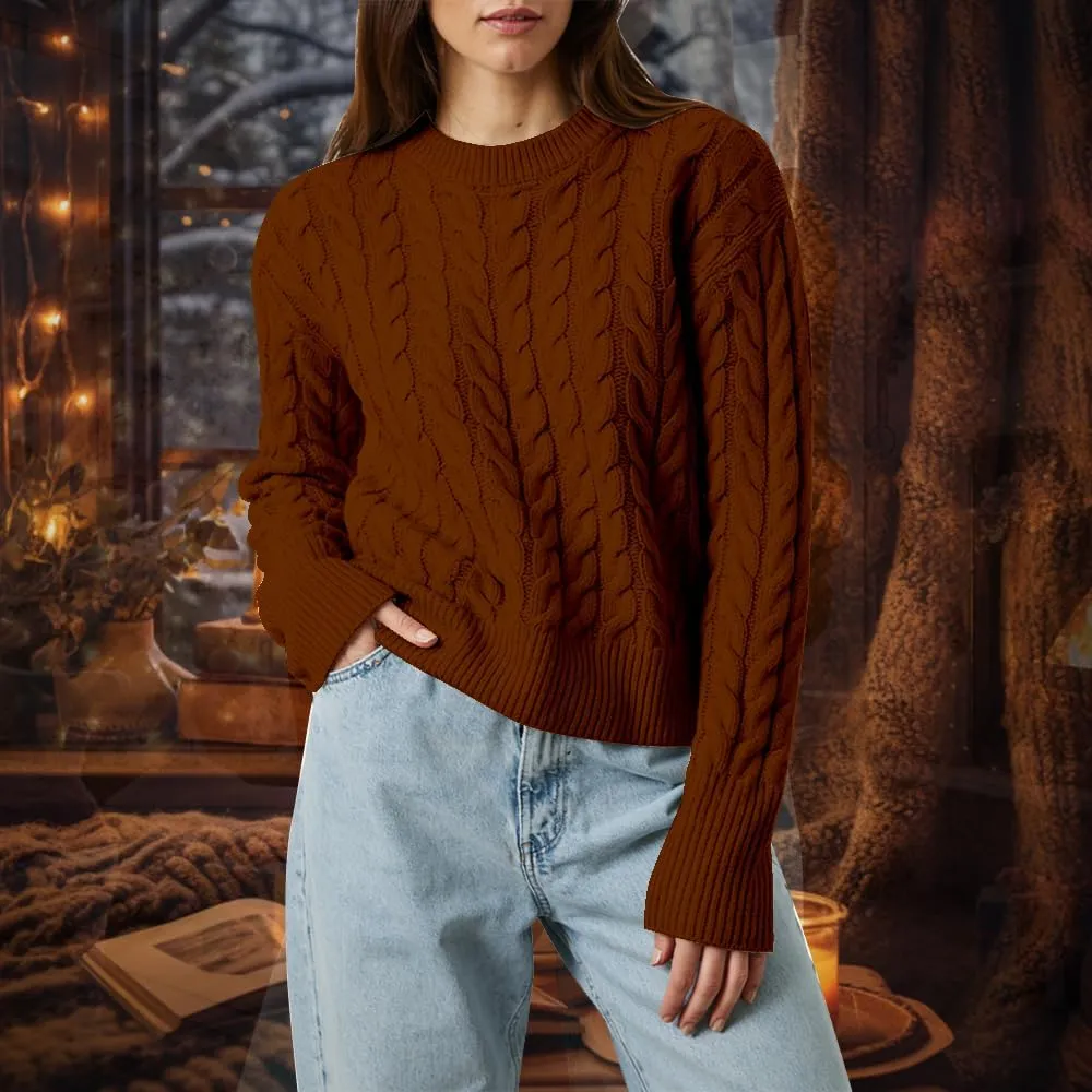 Women's Cable Long-Sleeve Crewneck Sweater Cable Knit Sweater for Women Soft-Touch Modern Crewneck, Pull On Sweaters