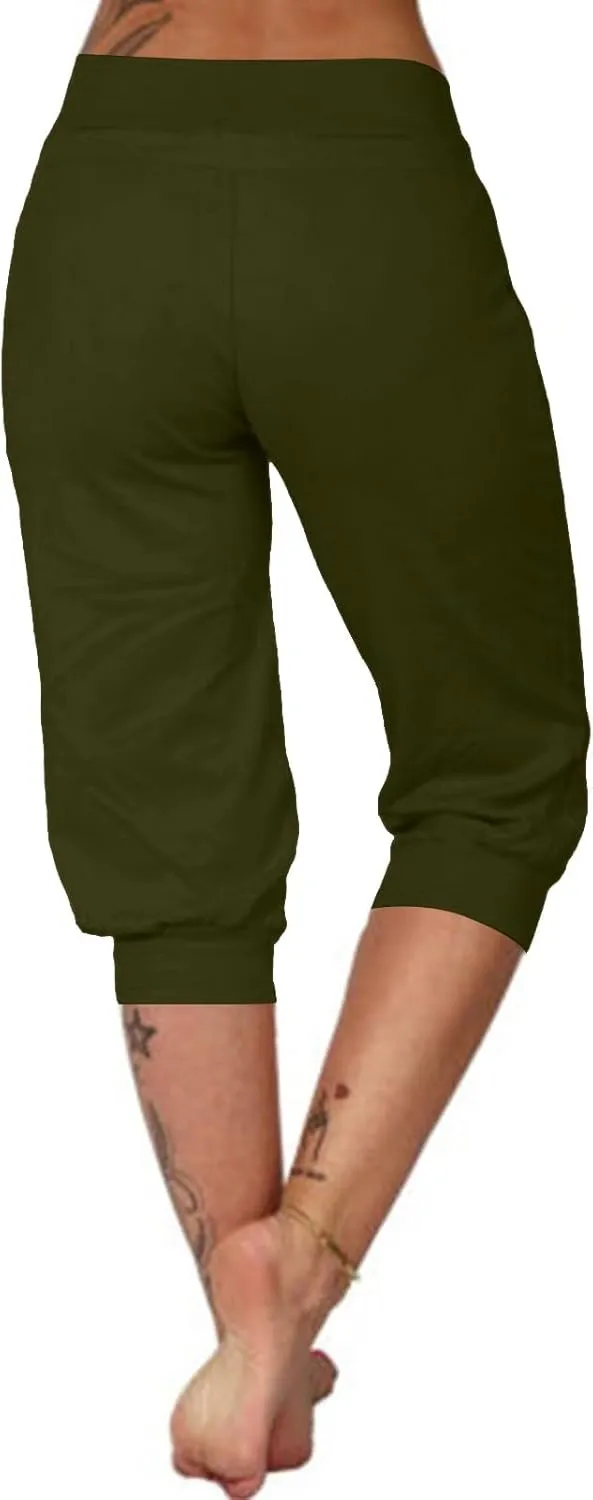 Womens Capri Pants Drawstring High Waisted Lightweight Workout Joggers Loose Stretch Yoga Hiking Pants with Pockets