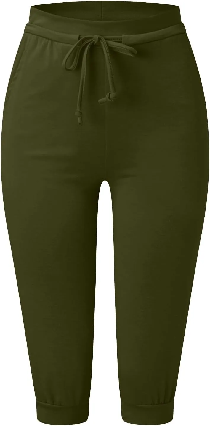 Womens Capri Pants Drawstring High Waisted Lightweight Workout Joggers Loose Stretch Yoga Hiking Pants with Pockets