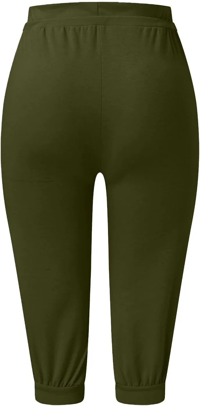 Womens Capri Pants Drawstring High Waisted Lightweight Workout Joggers Loose Stretch Yoga Hiking Pants with Pockets