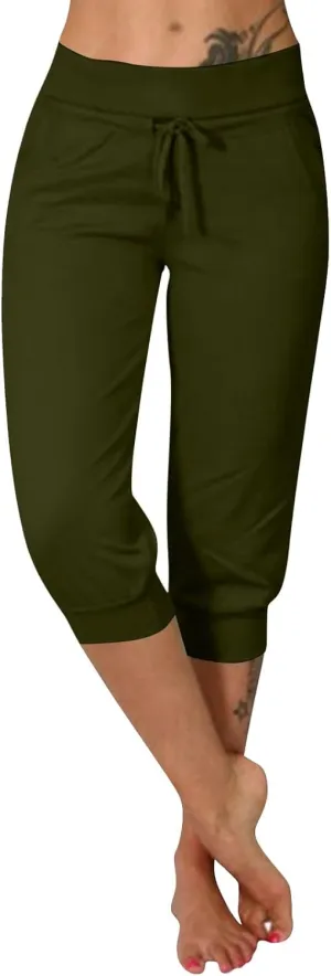 Womens Capri Pants Drawstring High Waisted Lightweight Workout Joggers Loose Stretch Yoga Hiking Pants with Pockets