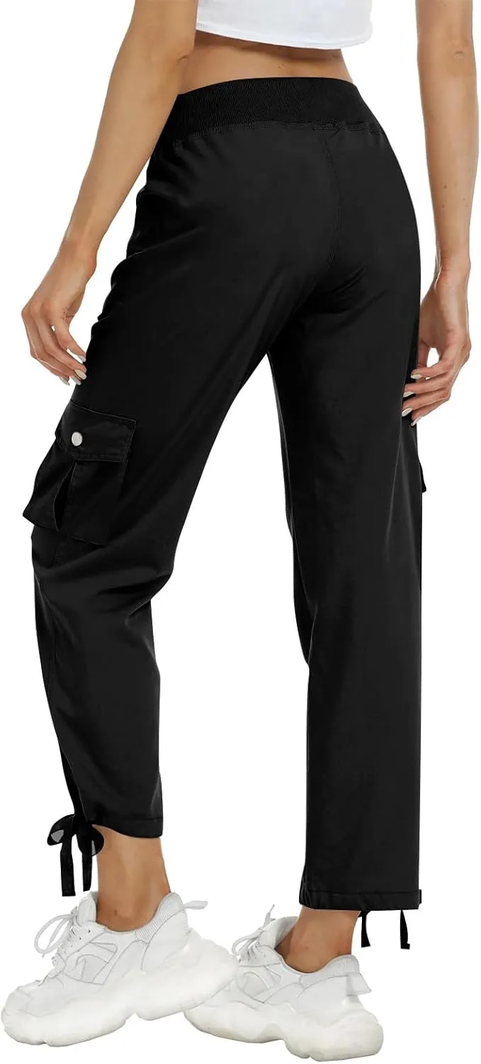 Womens Cargo Pants Lightweight Chino Travel Hiking Pants Casual Loose Drawstring Cargo Joggers with 4 Pockets