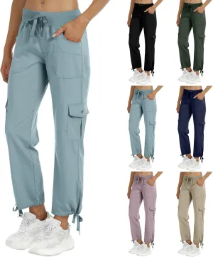 Womens Cargo Pants Lightweight Chino Travel Hiking Pants Casual Loose Drawstring Cargo Joggers with 4 Pockets