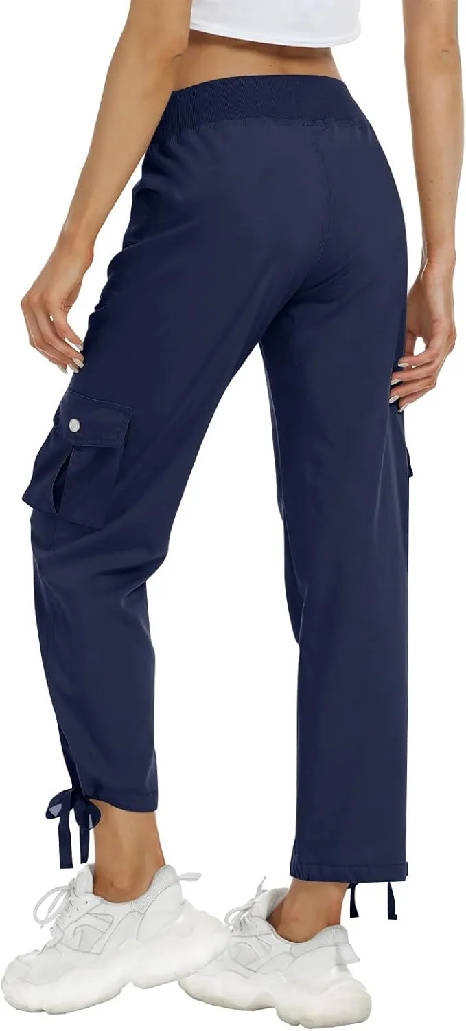 Womens Cargo Pants Lightweight Chino Travel Hiking Pants Casual Loose Drawstring Cargo Joggers with 4 Pockets