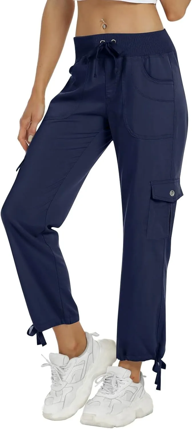 Womens Cargo Pants Lightweight Chino Travel Hiking Pants Casual Loose Drawstring Cargo Joggers with 4 Pockets