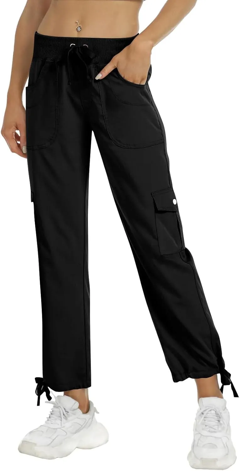 Womens Cargo Pants Lightweight Chino Travel Hiking Pants Casual Loose Drawstring Cargo Joggers with 4 Pockets
