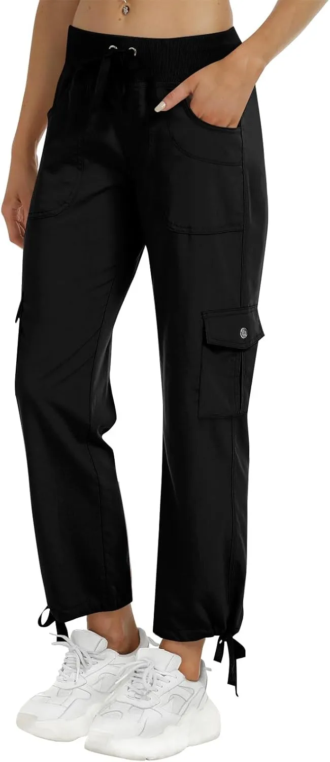 Womens Cargo Pants Lightweight Chino Travel Hiking Pants Casual Loose Drawstring Cargo Joggers with 4 Pockets