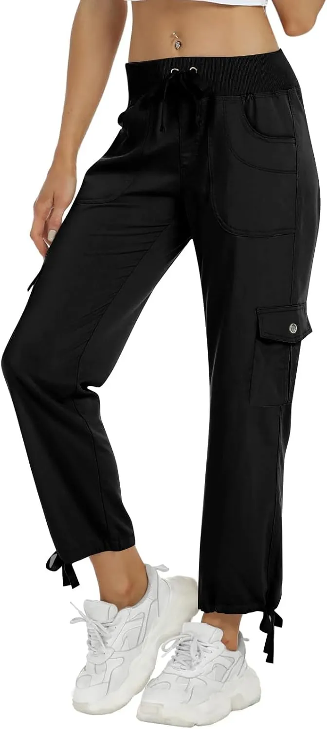 Womens Cargo Pants Lightweight Chino Travel Hiking Pants Casual Loose Drawstring Cargo Joggers with 4 Pockets