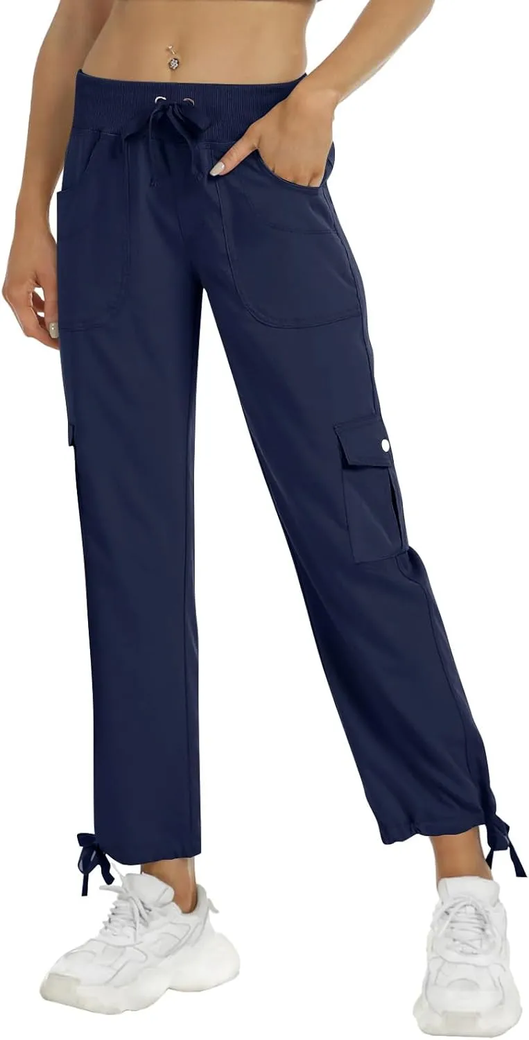 Womens Cargo Pants Lightweight Chino Travel Hiking Pants Casual Loose Drawstring Cargo Joggers with 4 Pockets