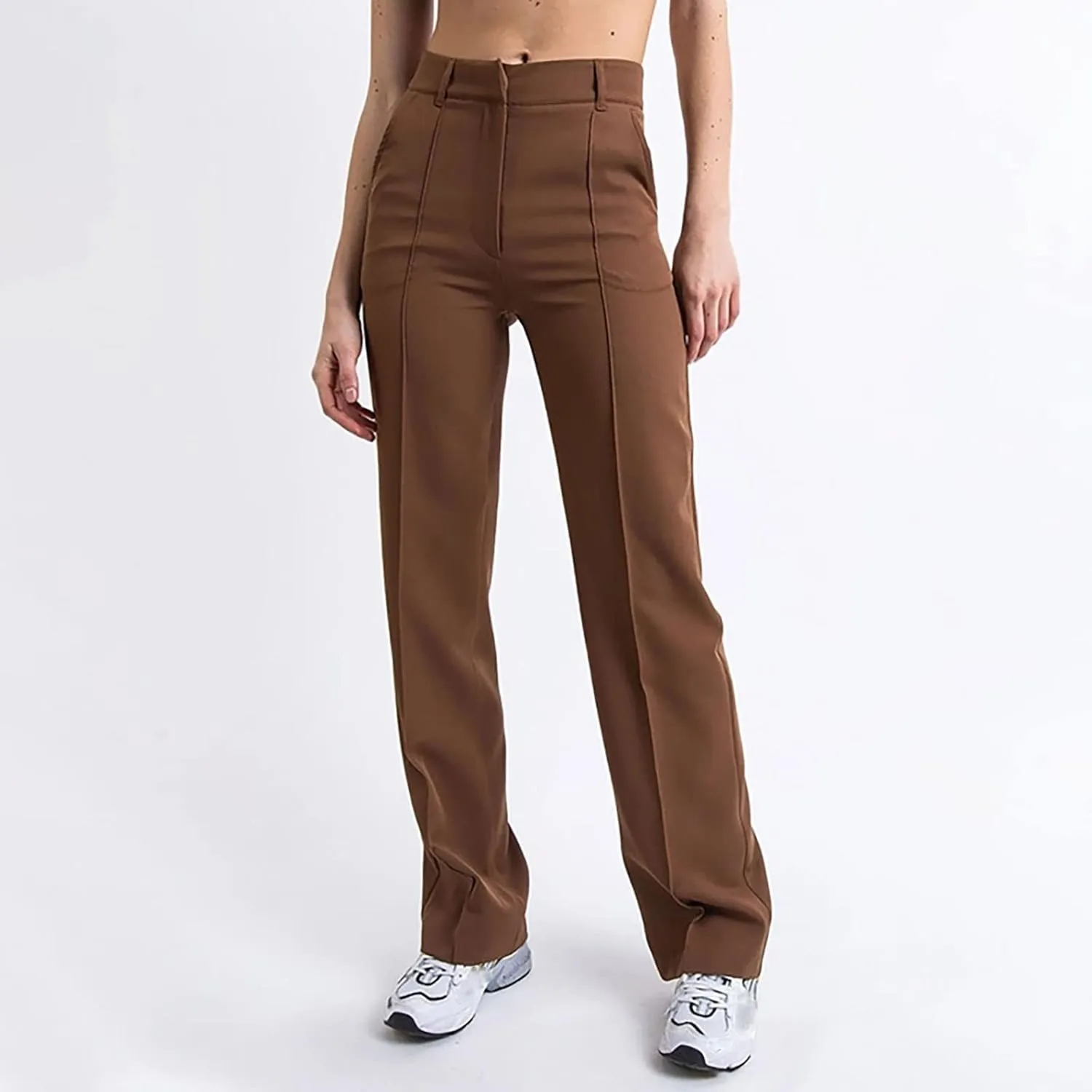 Womens Casual Slim Fit Trousers High Waisted Wide Straight Leg Trousers Classic Solid Color Flowy Skin-Friendly