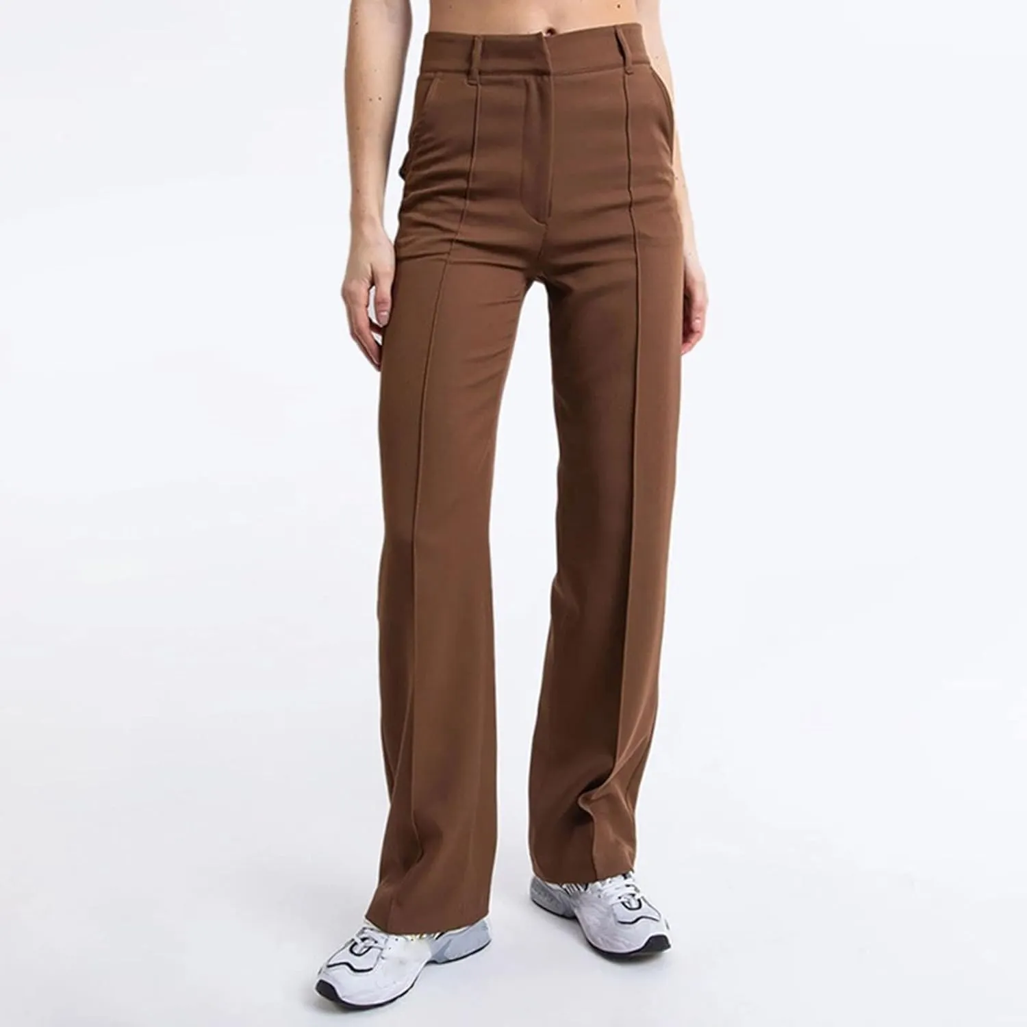 Womens Casual Slim Fit Trousers High Waisted Wide Straight Leg Trousers Classic Solid Color Flowy Skin-Friendly