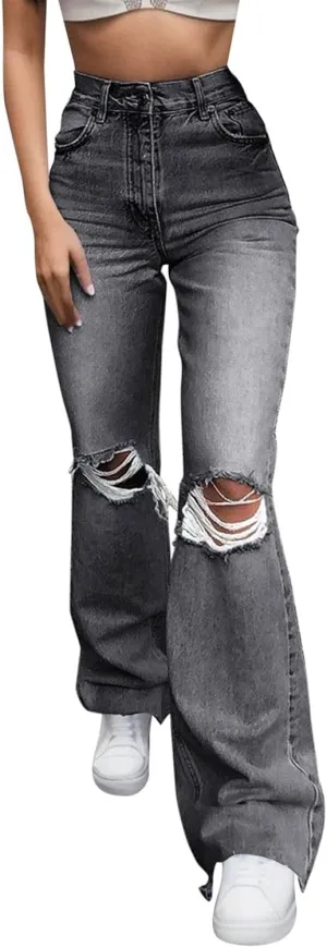 Women's Comfortable Pants,Women's Distressed Jeans High Waist Relaxed Fit Stretch Denim Casual Pants