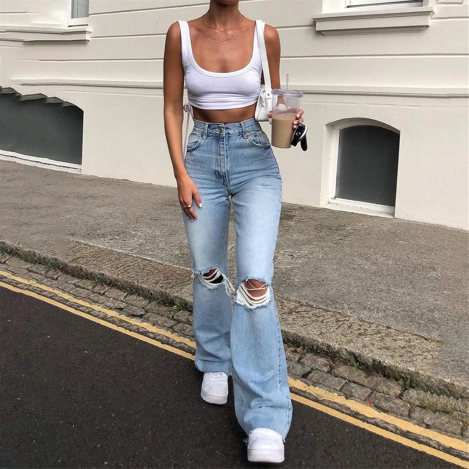 Women's Comfortable Pants,Women's Distressed Jeans High Waist Relaxed Fit Stretch Denim Casual Pants