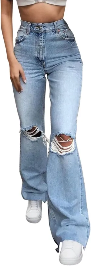 Women's Comfortable Pants,Women's Distressed Jeans High Waist Relaxed Fit Stretch Denim Casual Pants