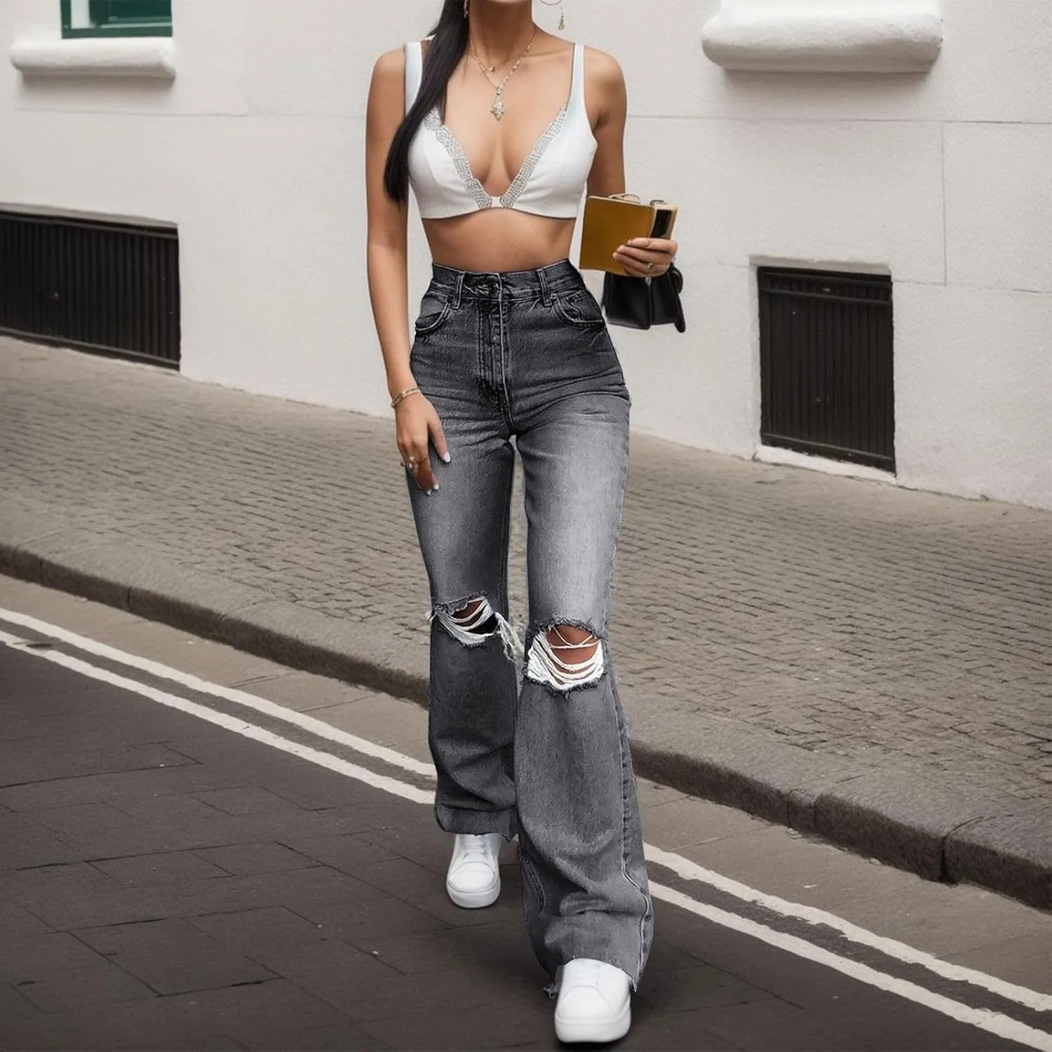 Women's Comfortable Pants,Women's Distressed Jeans High Waist Relaxed Fit Stretch Denim Casual Pants