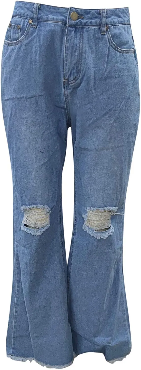 Women's Comfortable Pants,Women's Distressed Jeans High Waist Relaxed Fit Stretch Denim Casual Pants