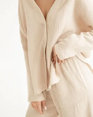 Womens Cotton Gauze Loungewear Sets Casual 2 Piece Sleepwear Button Down Shirt and Wide Leg Pants Outfits