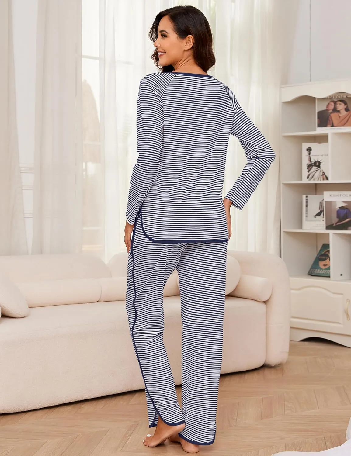 Womens Cotton Pajama Set 2 Piece Lounge Set Stripe Long Sleeve Comfy Pj Set Spring Loungewear Sleepwear with Pockets