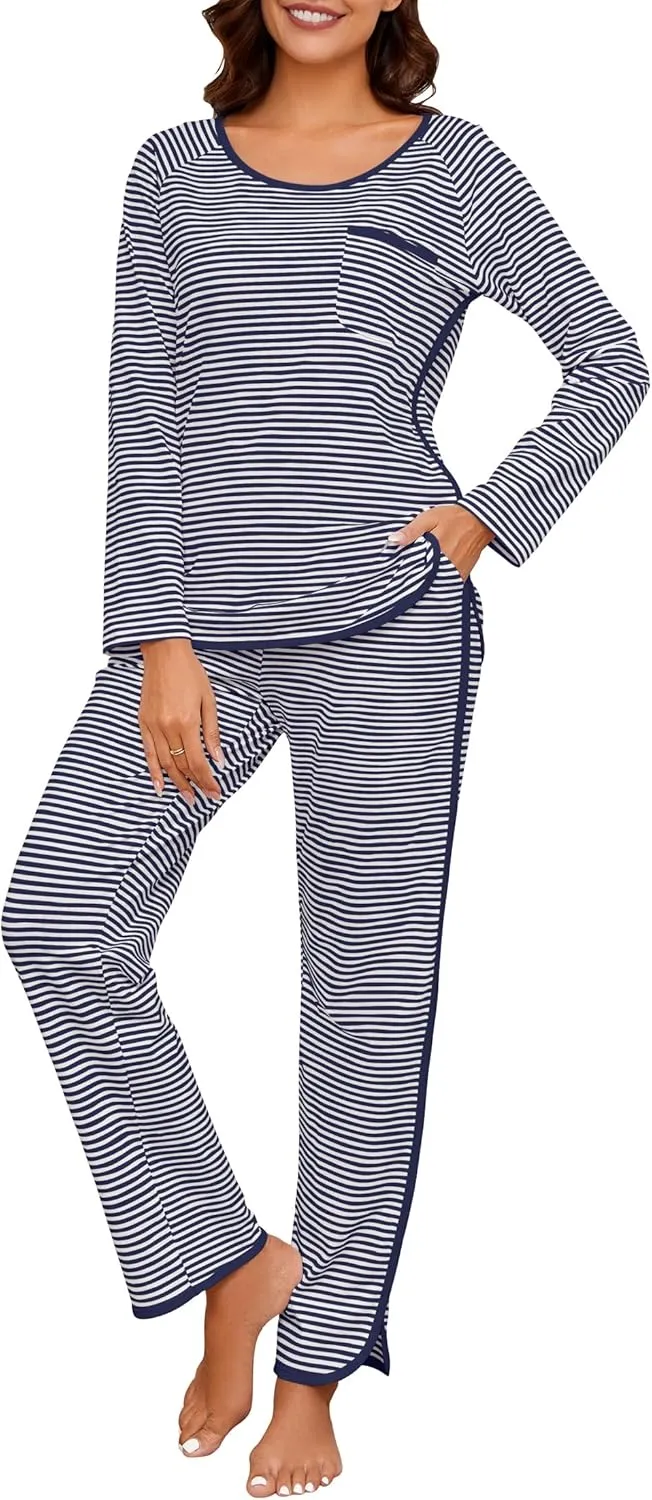 Womens Cotton Pajama Set 2 Piece Lounge Set Stripe Long Sleeve Comfy Pj Set Spring Loungewear Sleepwear with Pockets