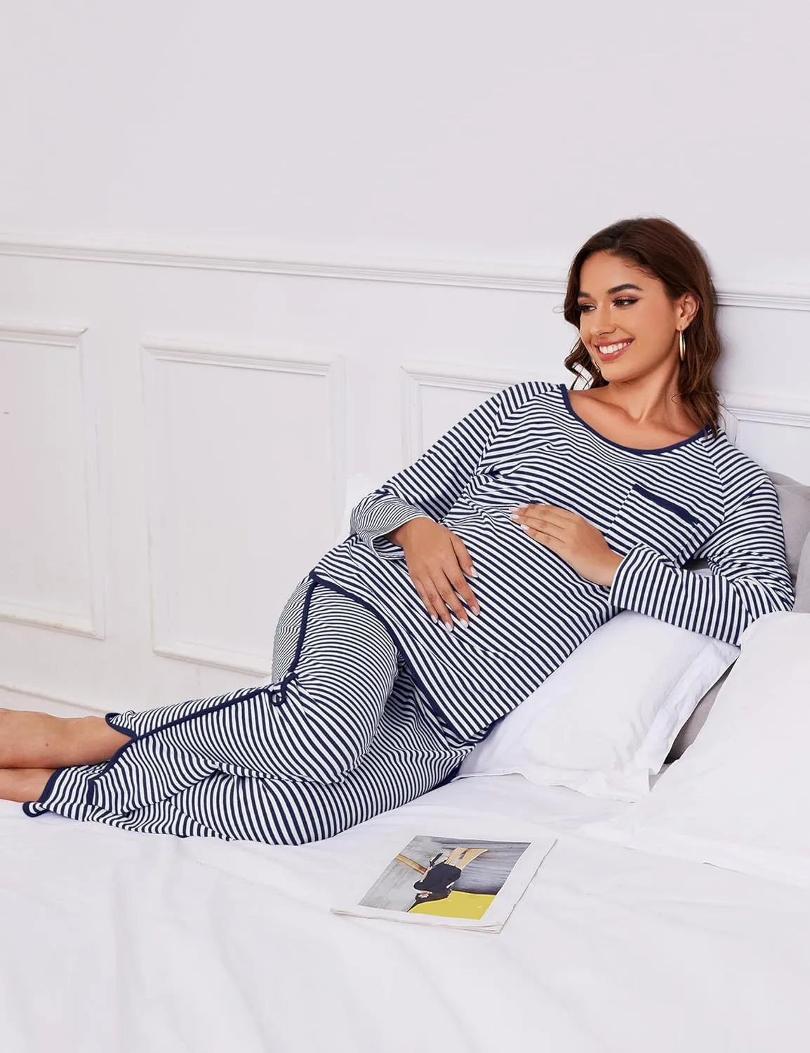 Womens Cotton Pajama Set 2 Piece Lounge Set Stripe Long Sleeve Comfy Pj Set Spring Loungewear Sleepwear with Pockets
