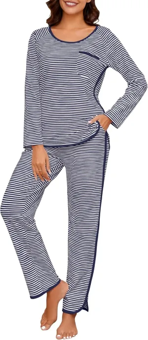Womens Cotton Pajama Set 2 Piece Lounge Set Stripe Long Sleeve Comfy Pj Set Spring Loungewear Sleepwear with Pockets