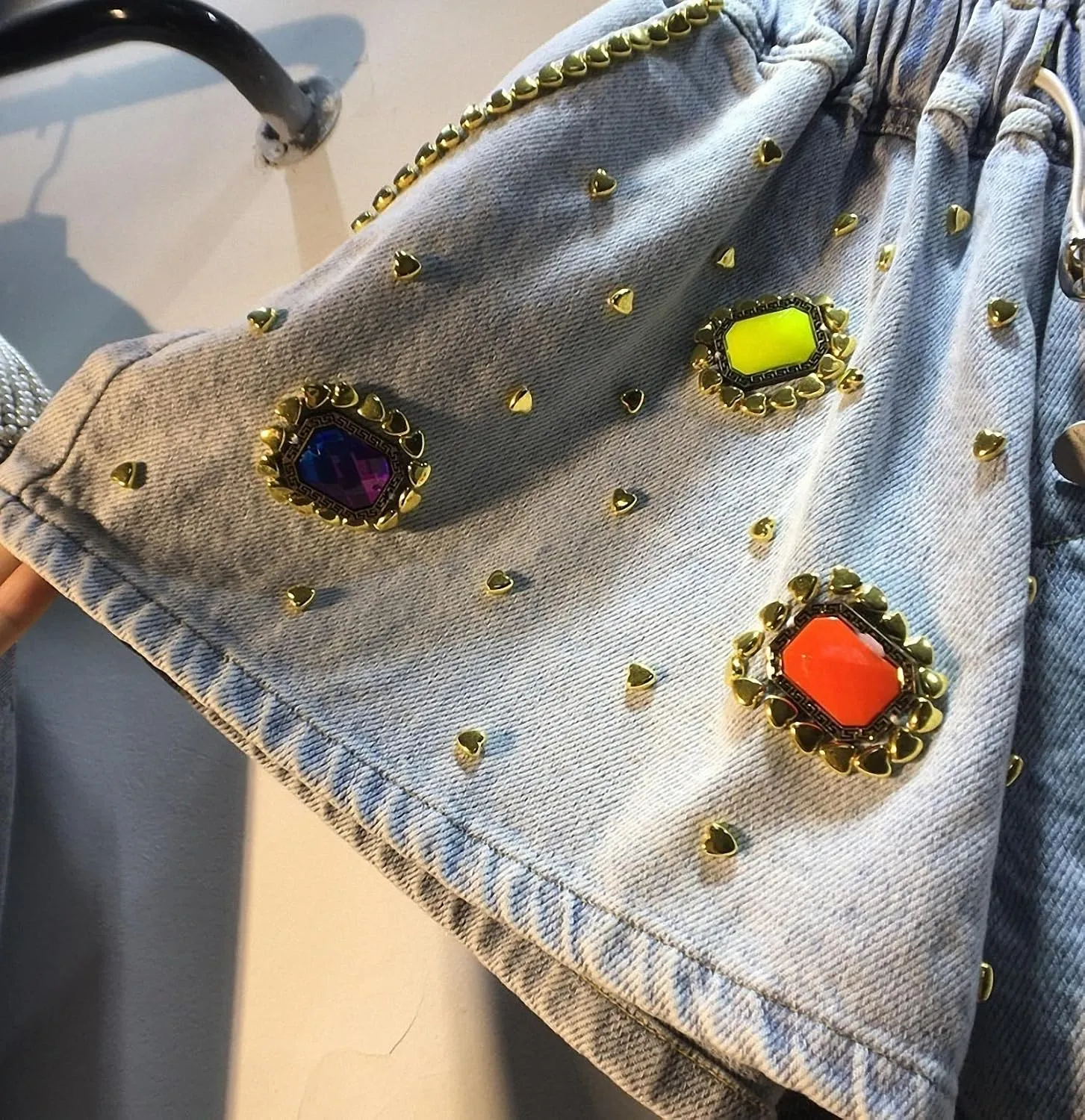 Womens Denim Shorts Hand-Studded Diamond Gold Border Gemstone Elastic Drawstring High Waist Loose Wide Leg Jeans with Pockets