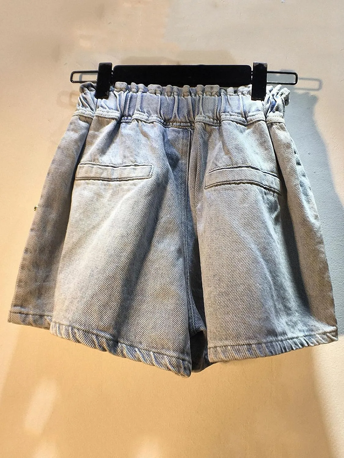 Womens Denim Shorts Hand-Studded Diamond Gold Border Gemstone Elastic Drawstring High Waist Loose Wide Leg Jeans with Pockets