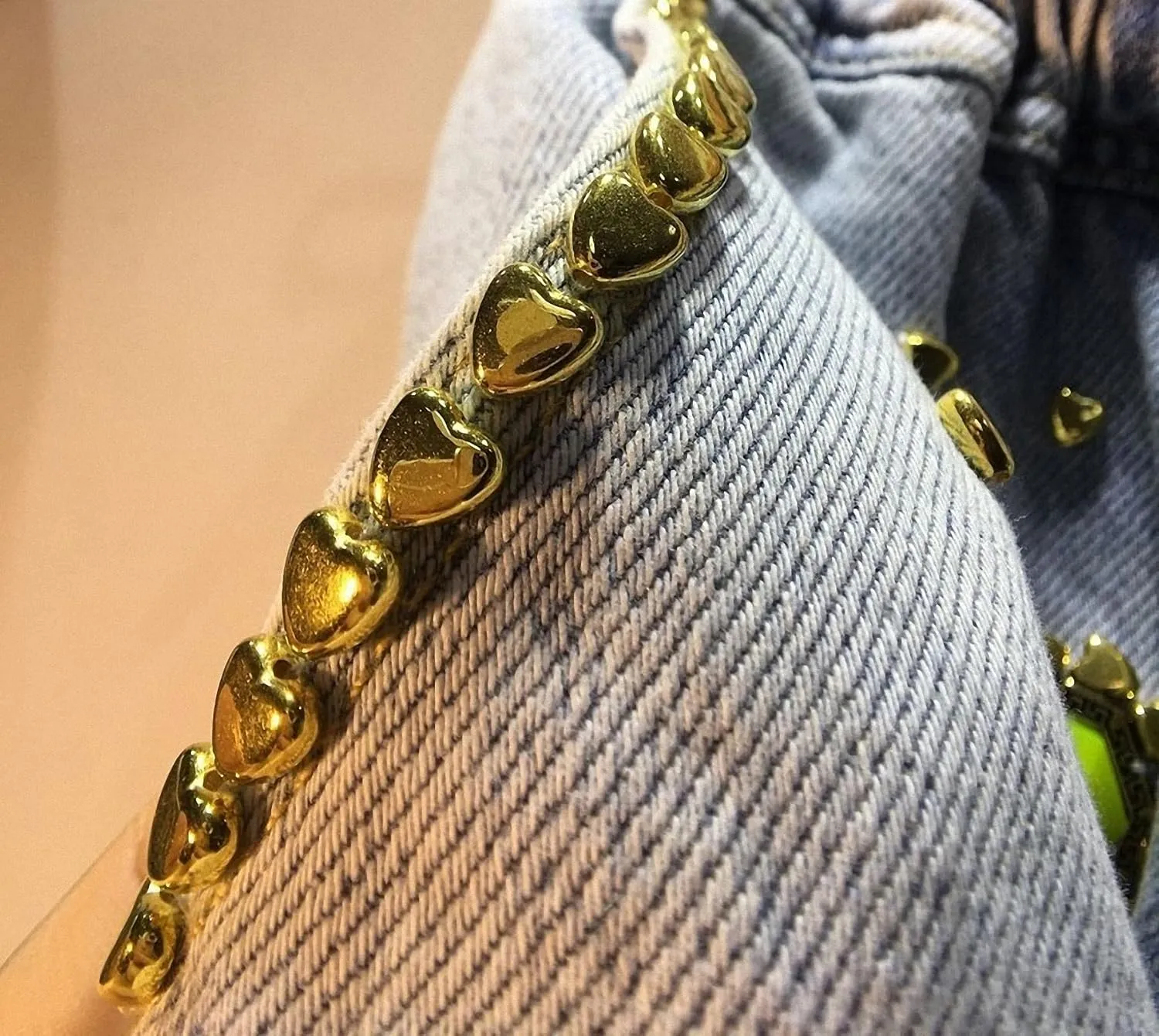 Womens Denim Shorts Hand-Studded Diamond Gold Border Gemstone Elastic Drawstring High Waist Loose Wide Leg Jeans with Pockets