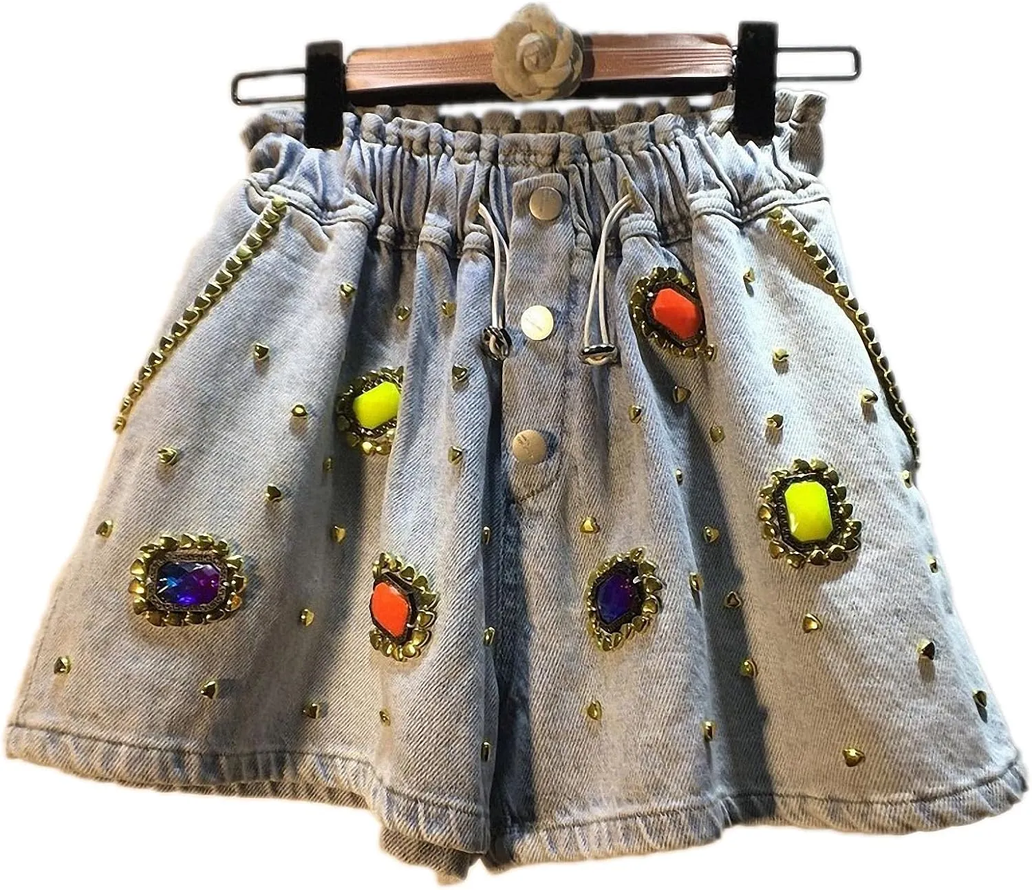 Womens Denim Shorts Hand-Studded Diamond Gold Border Gemstone Elastic Drawstring High Waist Loose Wide Leg Jeans with Pockets